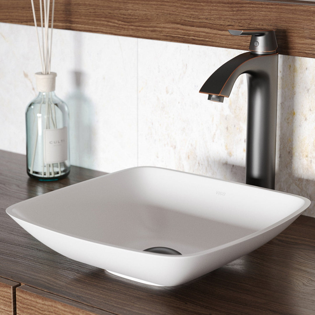 Modern matte stone vessel sink for bathroom, square shape