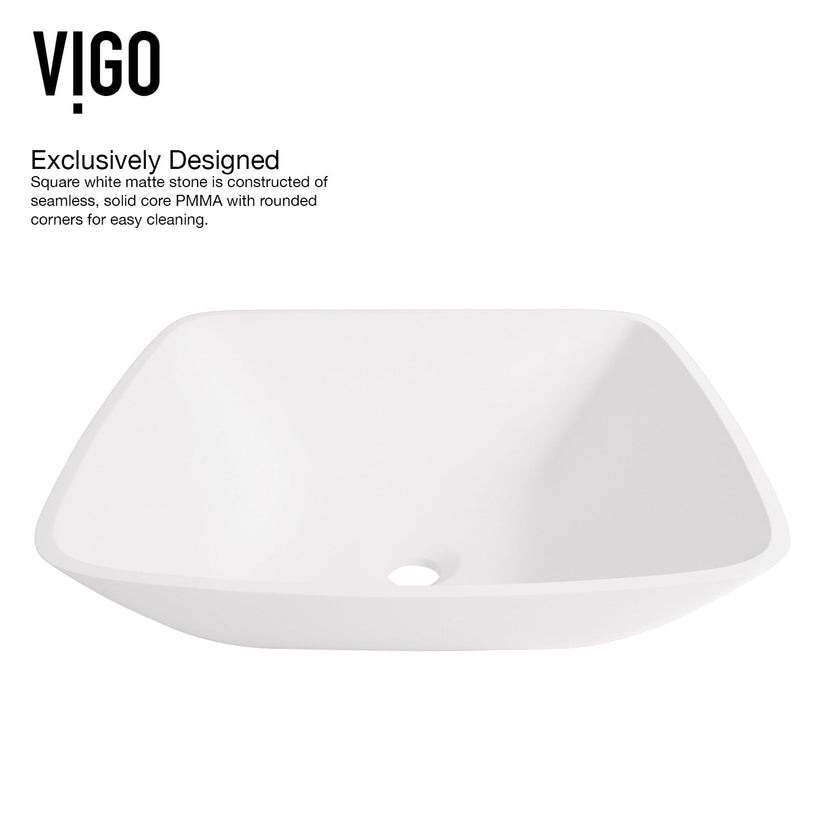 Vessel sink with matte stone material and square design