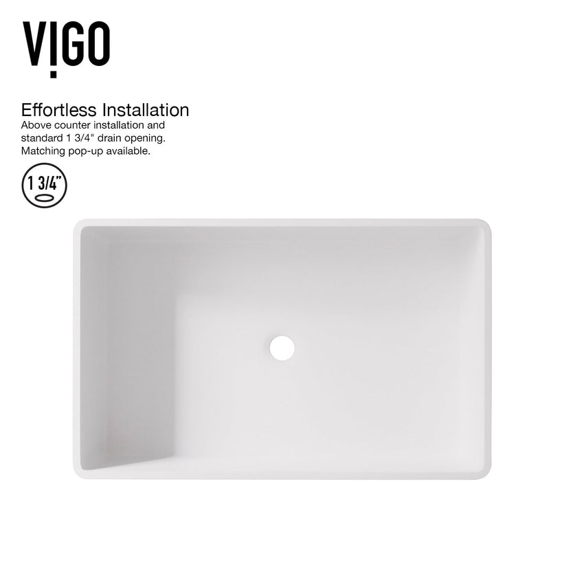 Bathroom vessel sink in matte white finish, rectangular shape, handmade for durability
