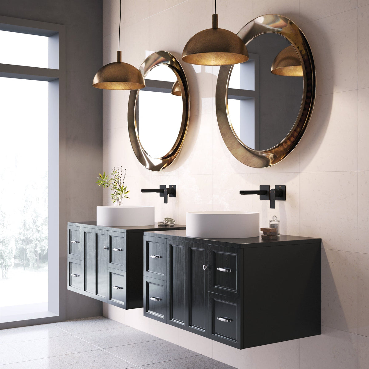 Round modern vessel sink featuring matte stone material