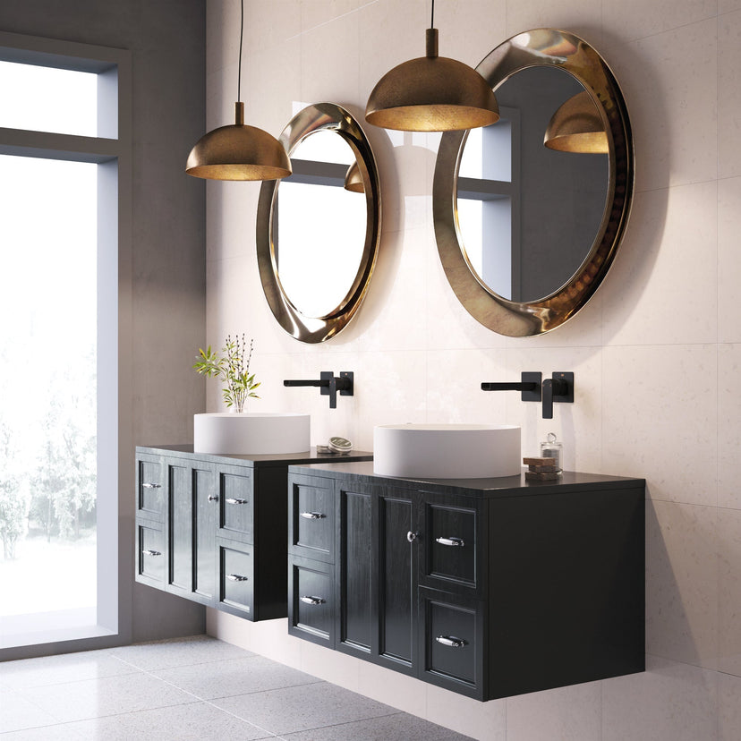 Round modern vessel sink featuring matte stone material