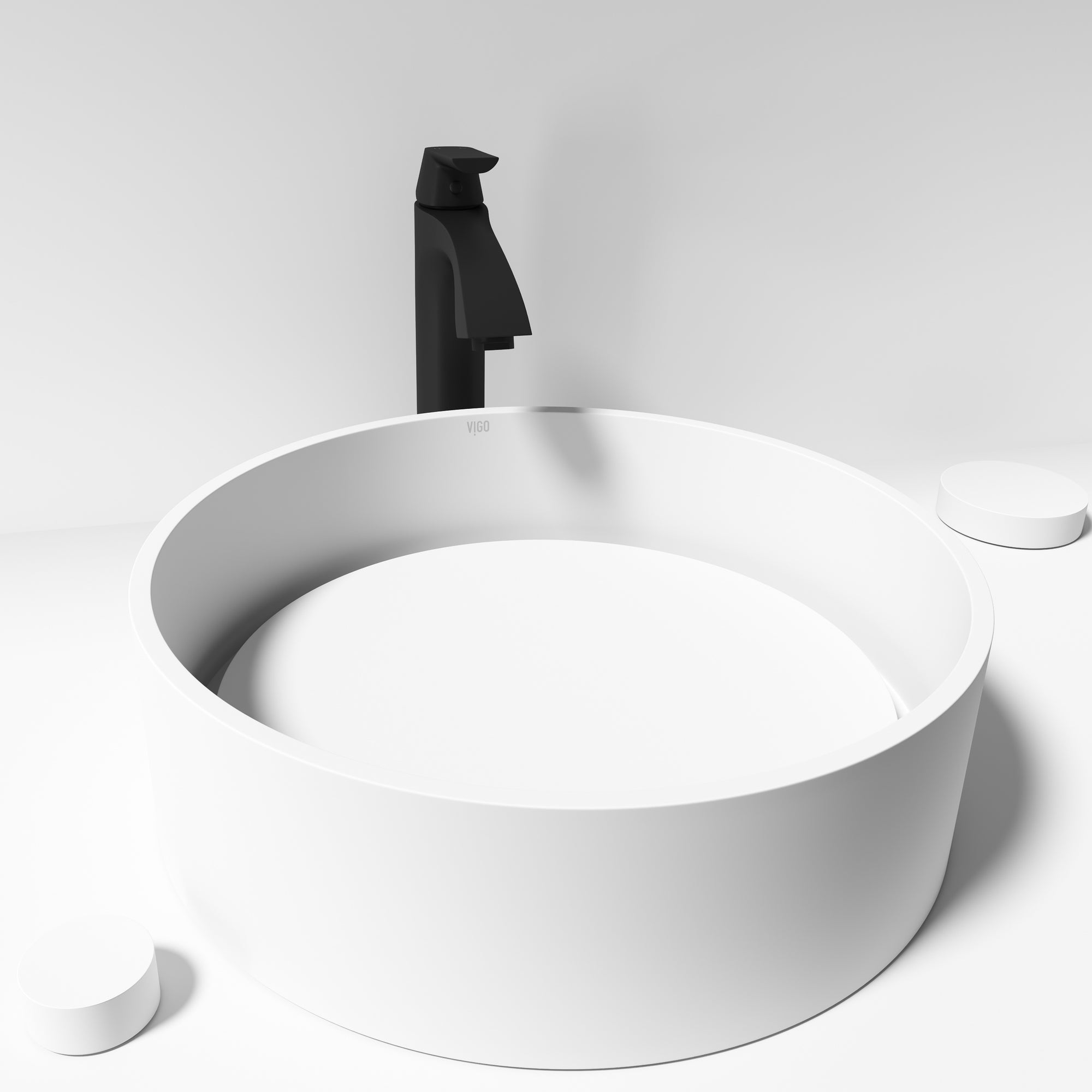 Modern round matte white vessel sink made of matte stone