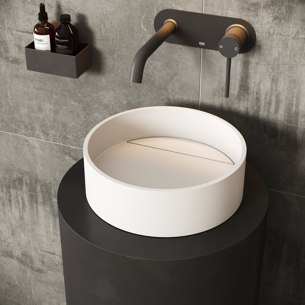 Modern round vessel sink in matte white cast stone, handmade and scratch resistant