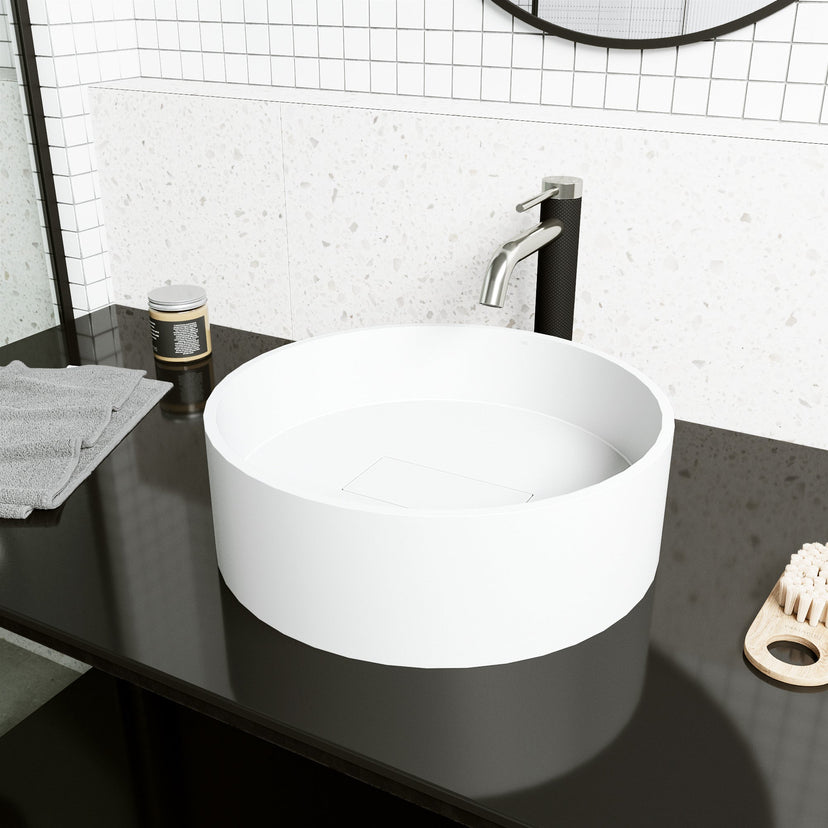 Modern round vessel sink in matte white stone, handmade and rust-resistant