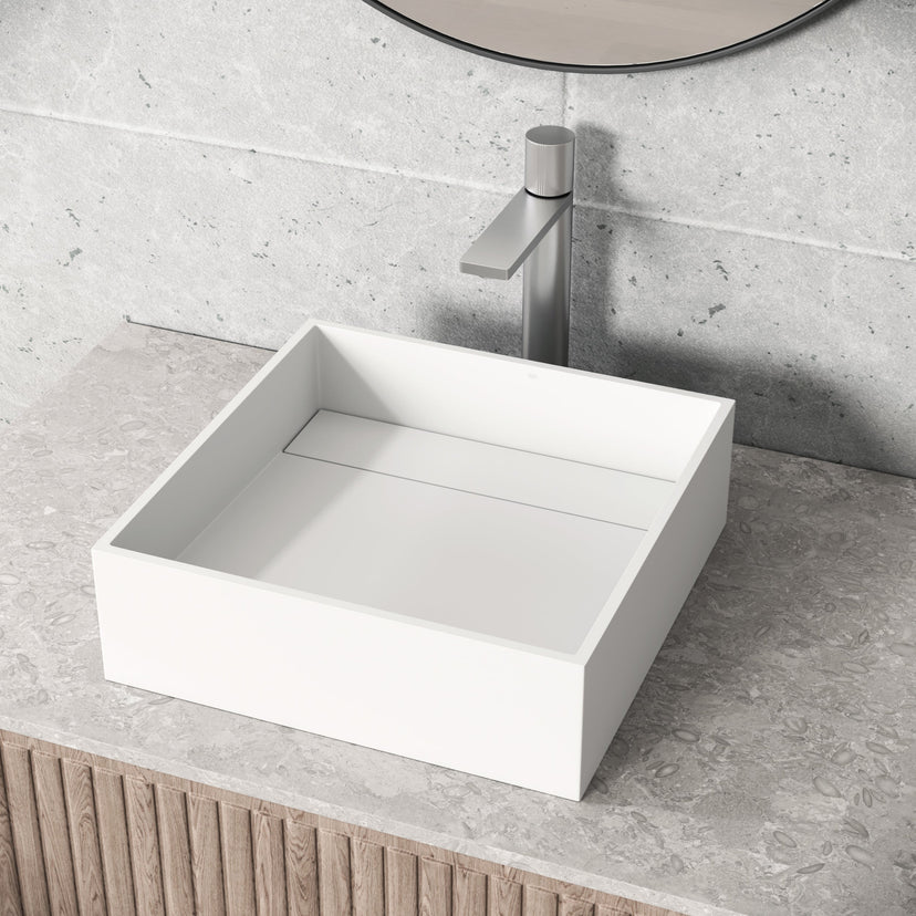 Square matte white vessel sink in cast stone, modern design with fade-resistant finish