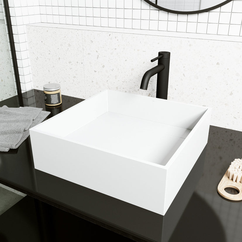 Modern square bathroom sink, handmade cast stone, matte white, rust and scratch resistant
