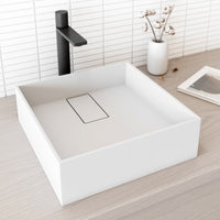 Square matte white cast stone vessel sink with modern contemporary style