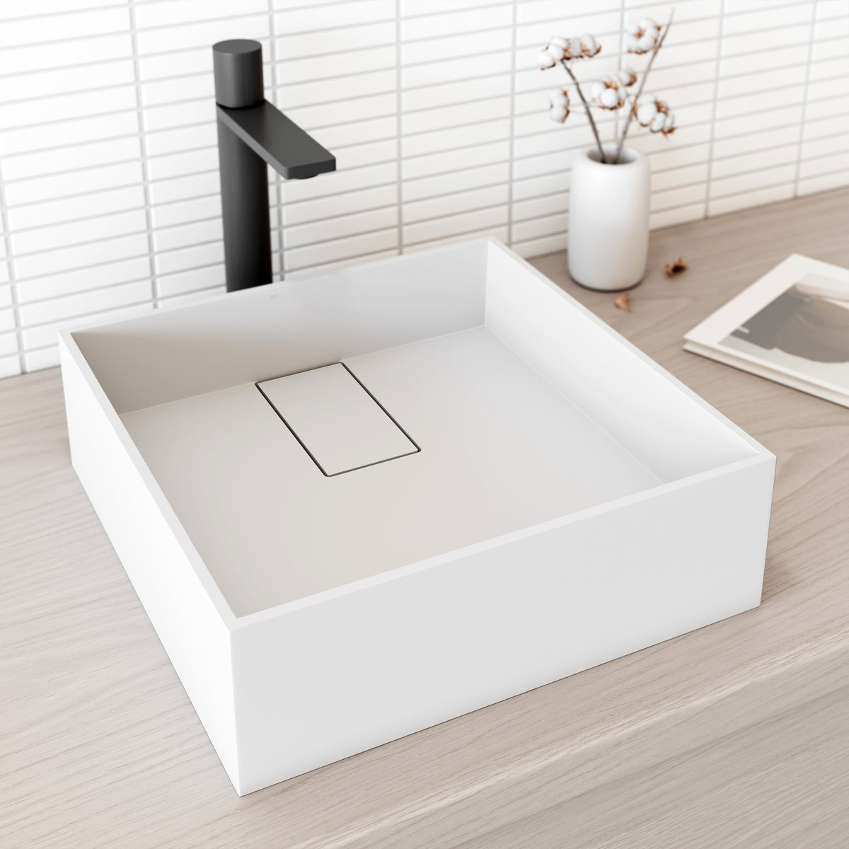 Square matte white cast stone vessel sink with modern contemporary style