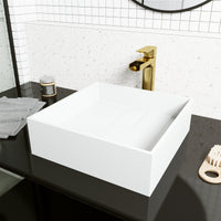 Modern square vessel sink in matte white stone, handmade and fade-resistant
