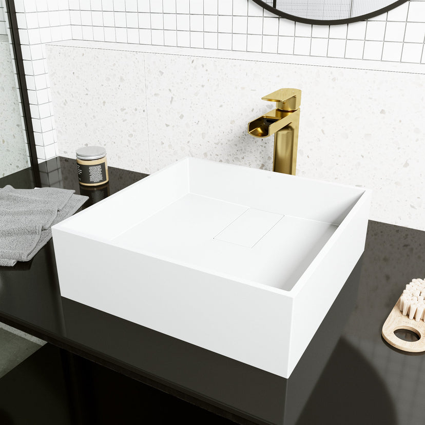Modern square vessel sink in matte white stone, handmade and fade-resistant