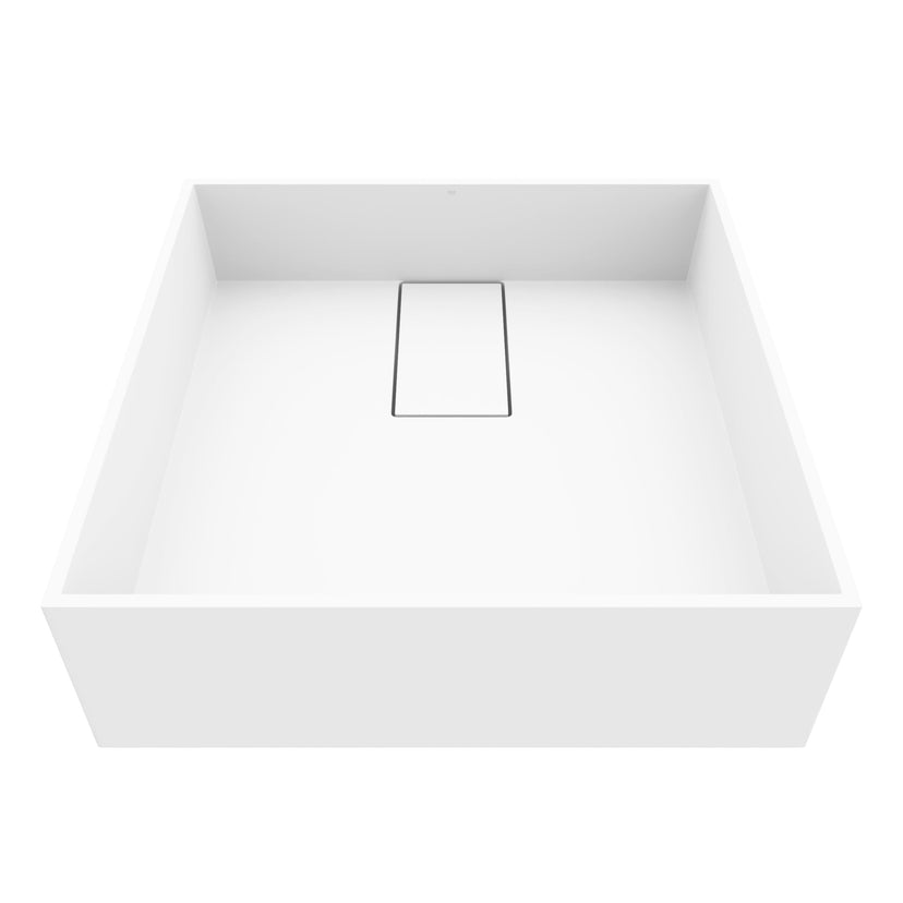 Square vessel sink in matte stone finish, featuring fade and scratch resistance