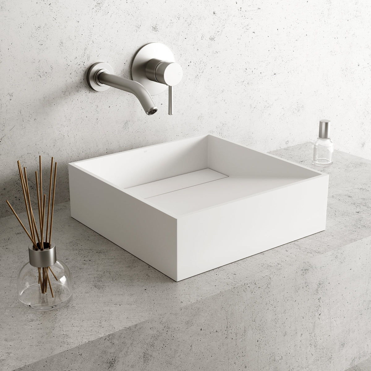 Square matte white cast stone vessel sink with modern contemporary style
