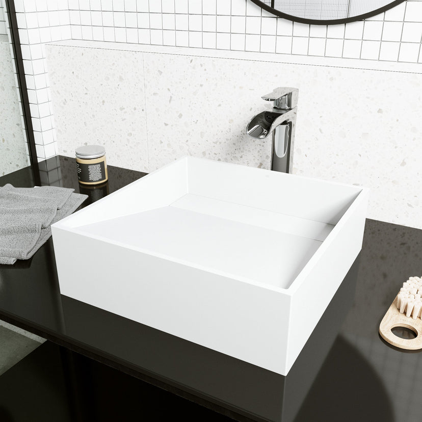 Modern square vessel sink in matte white stone, handmade and rust-resistant