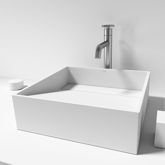Matte white square sink in cast stone, handmade and fade-resistant