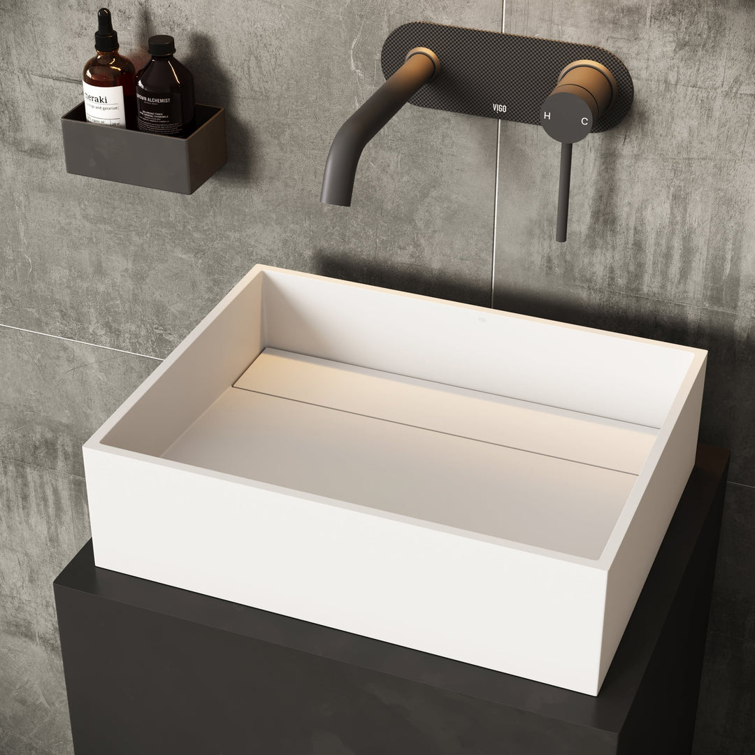Rectangular matte white vessel sink in cast stone, modern bathroom sink with scratch resistance