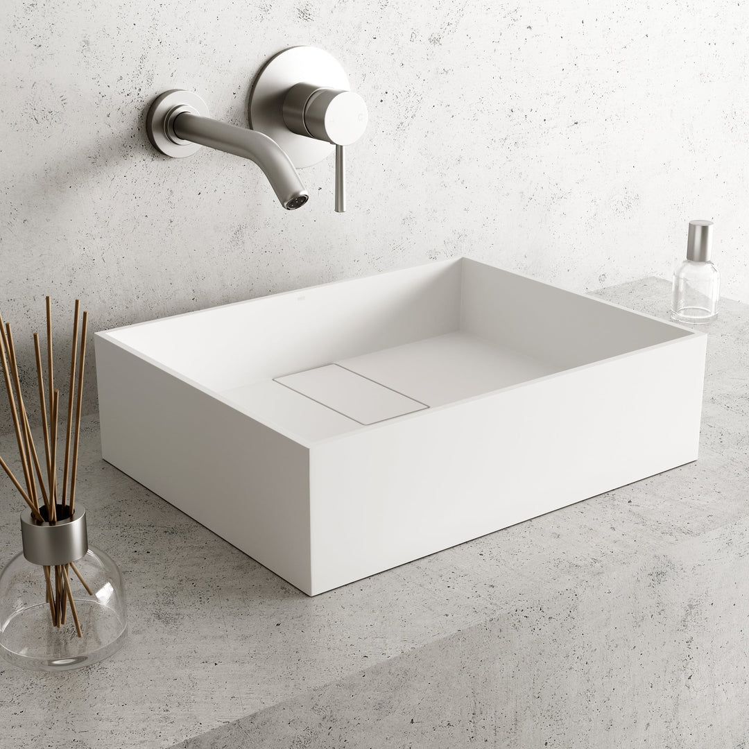 Rectangular matte white cast stone vessel sink with modern design