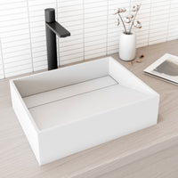 Rectangular matte white cast stone vessel sink with modern contemporary design