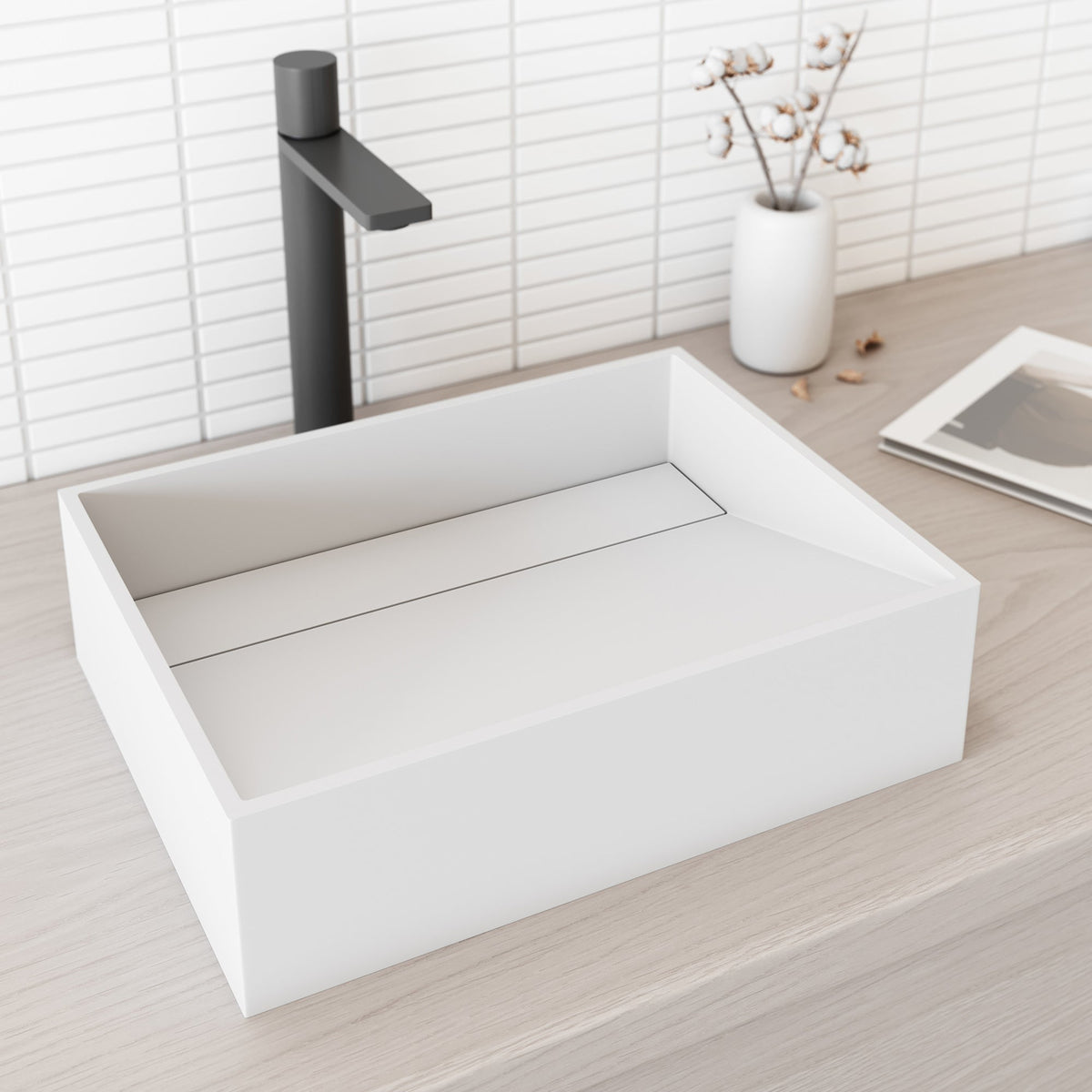 Matte white rectangular sink in cast stone, handmade and fade-resistant