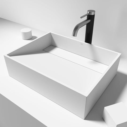 Durable rectangular vessel sink in matte white, resistant to scratches and fading