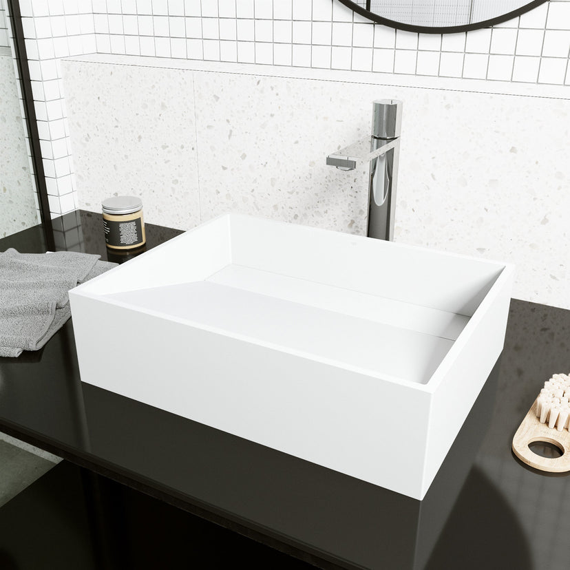 Modern rectangular vessel sink in matte white stone, handmade and scratch-resistant