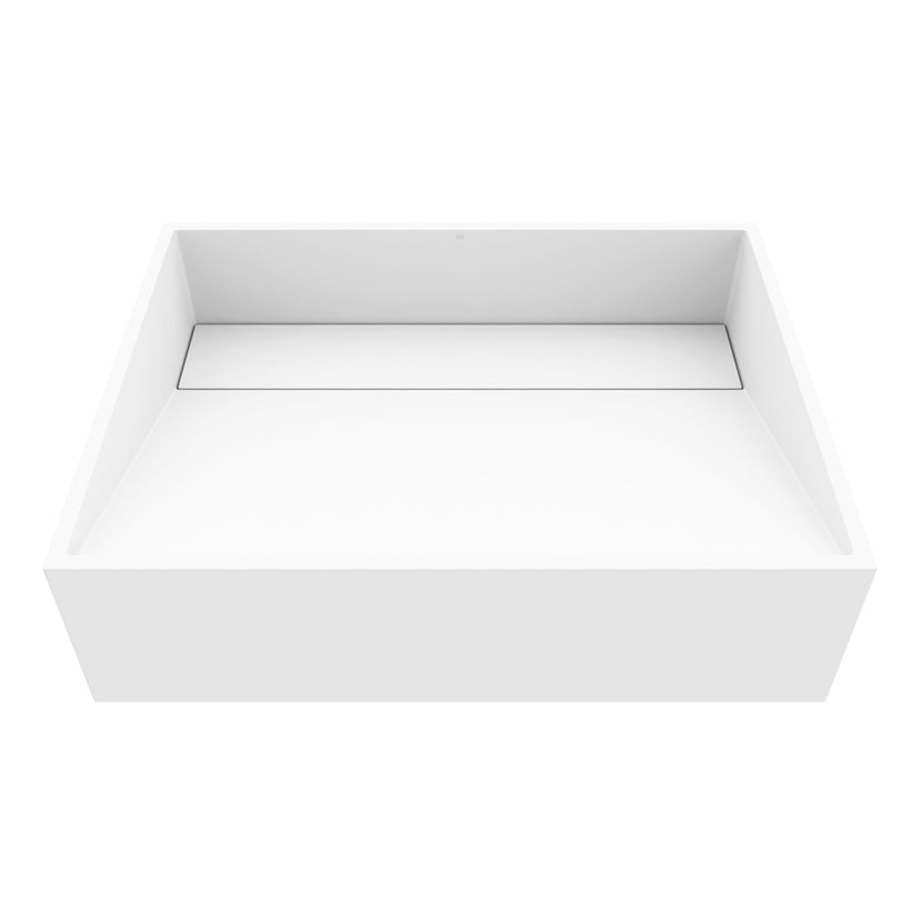 Modern rectangular vessel sink with matte white finish, approved for commercial use
