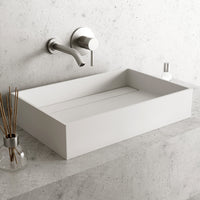 Rectangular matte white vessel sink, handmade cast stone, modern bathroom fixture