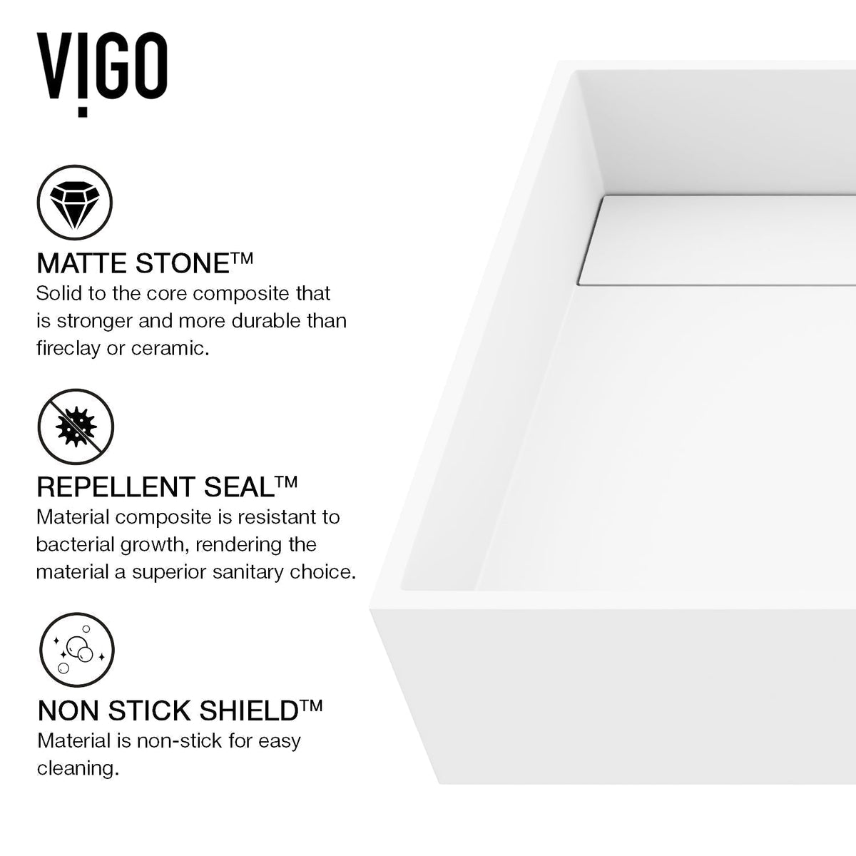 Matte white rectangular sink, modern design, rust and scratch resistant for lasting durability