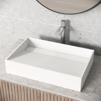 Rectangular matte white matte stone vessel sink with modern contemporary style
