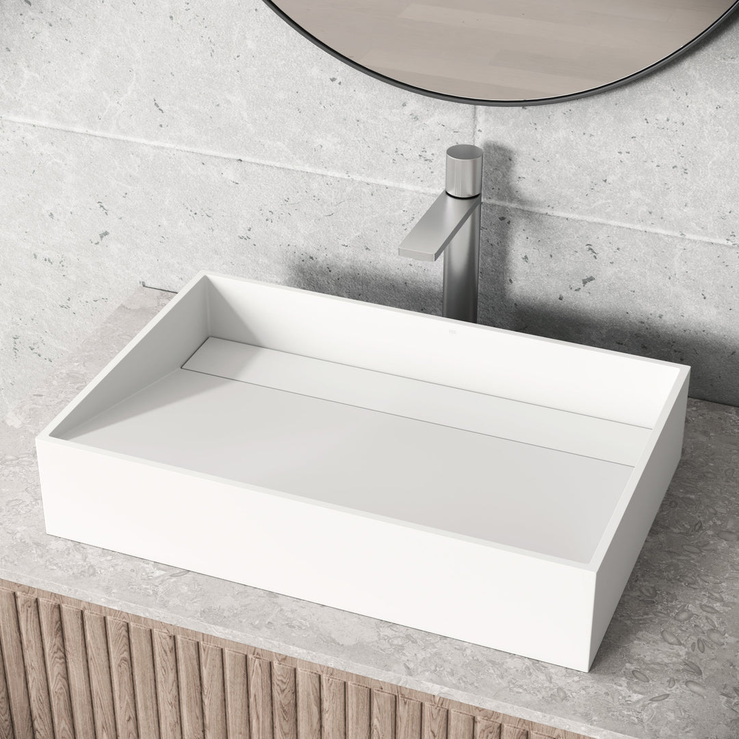 Rectangular matte white matte stone vessel sink with modern contemporary style