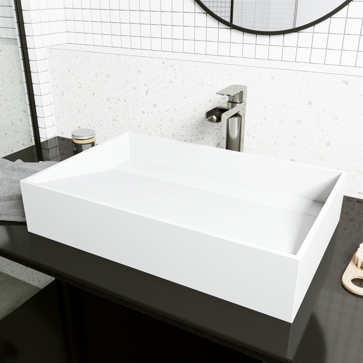 Modern rectangular vessel sink in matte white stone, handmade and rust-resistant