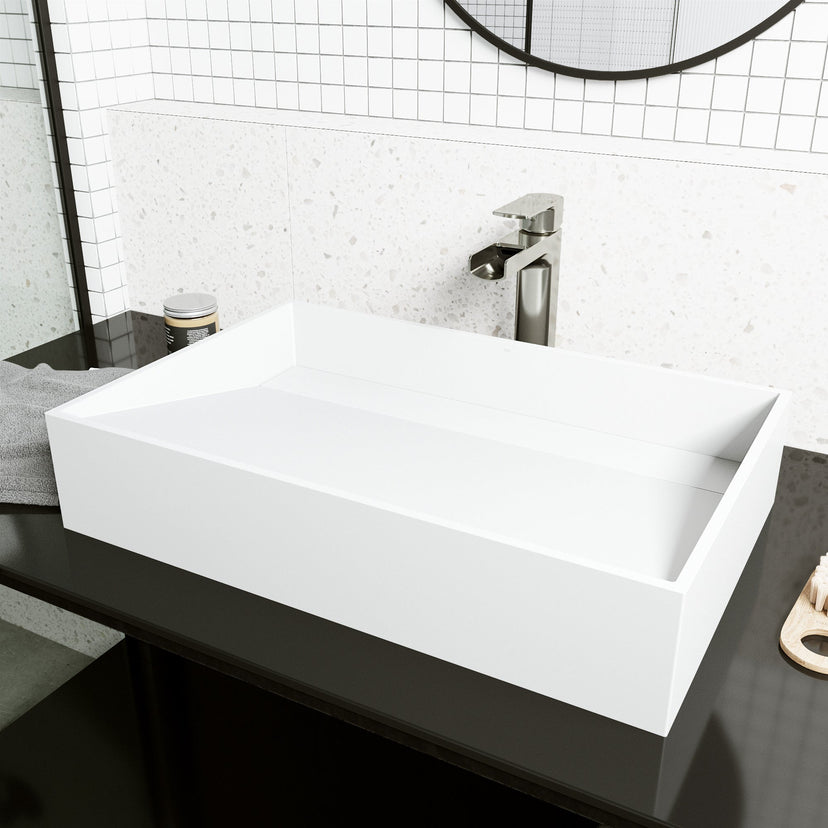 Modern rectangular vessel sink in matte white stone, handmade and rust-resistant
