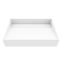 Modern rectangular vessel sink with matte white finish, approved for commercial use