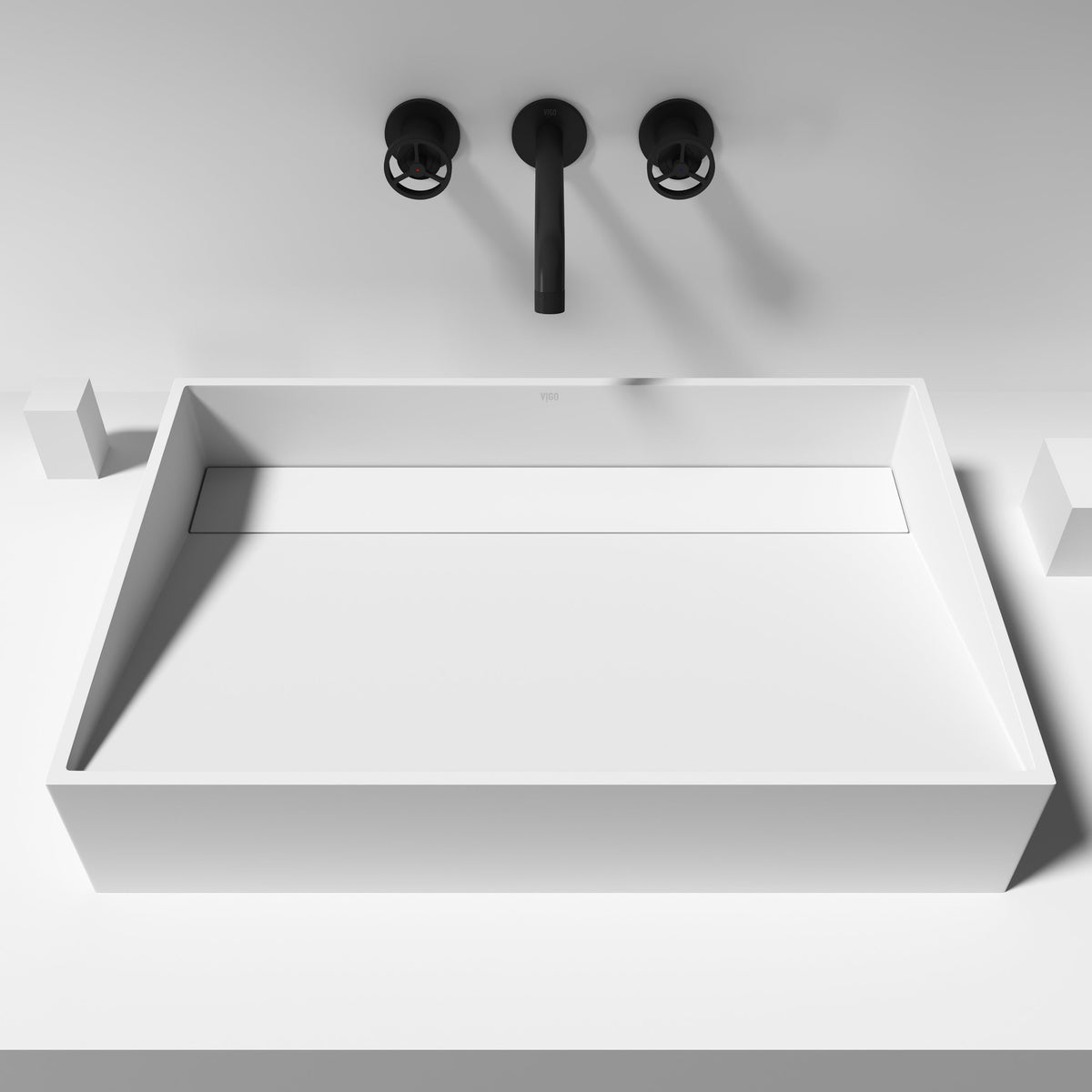 Matte white rectangular sink in matte stone, handmade and fade-resistant