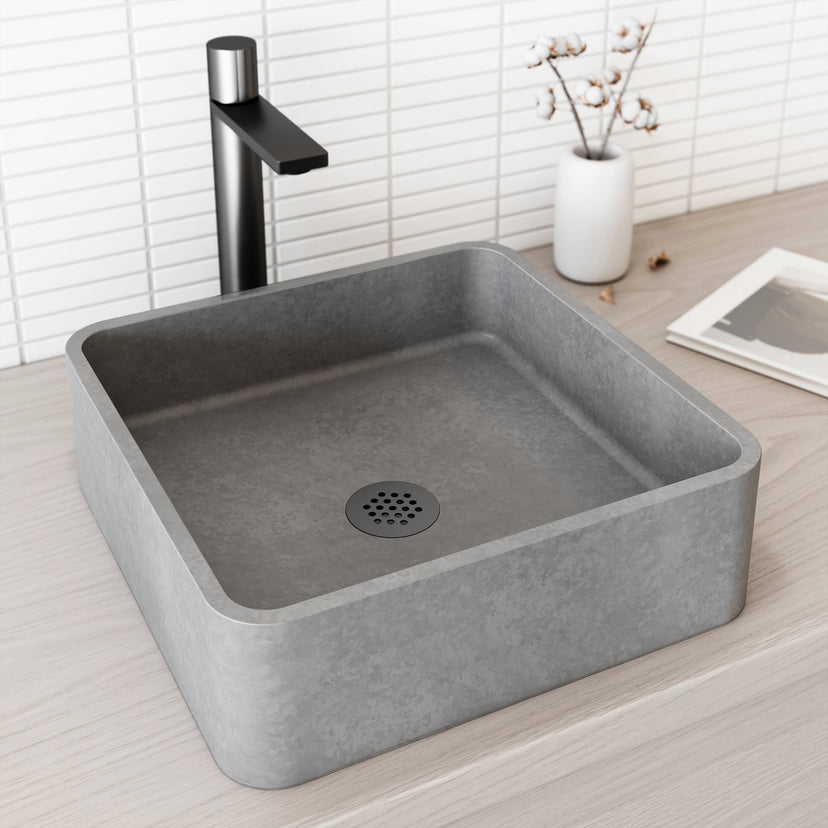Gray concrete square vessel sink with modern design and fade-resistant finish