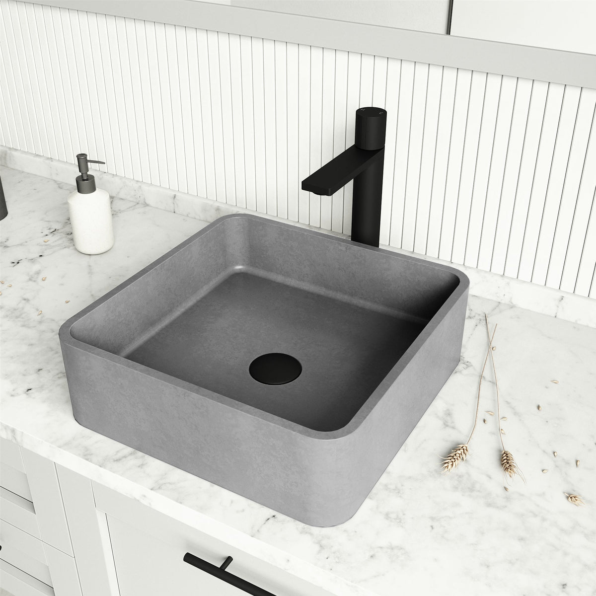 Handmade gray concreto stone vessel sink featuring scratch and rust resistance