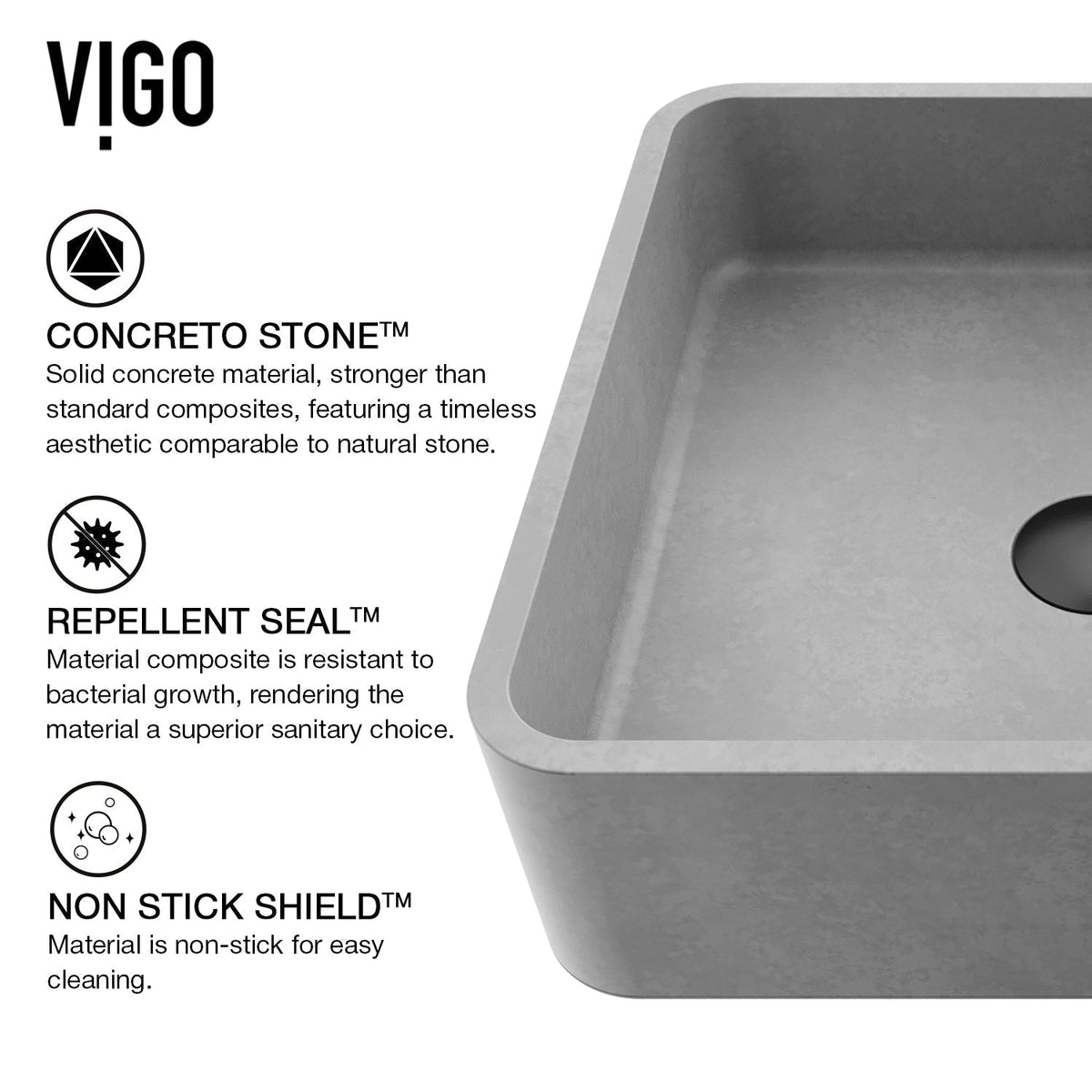 Commercial-grade gray vessel sink with durable concrete material and square shape