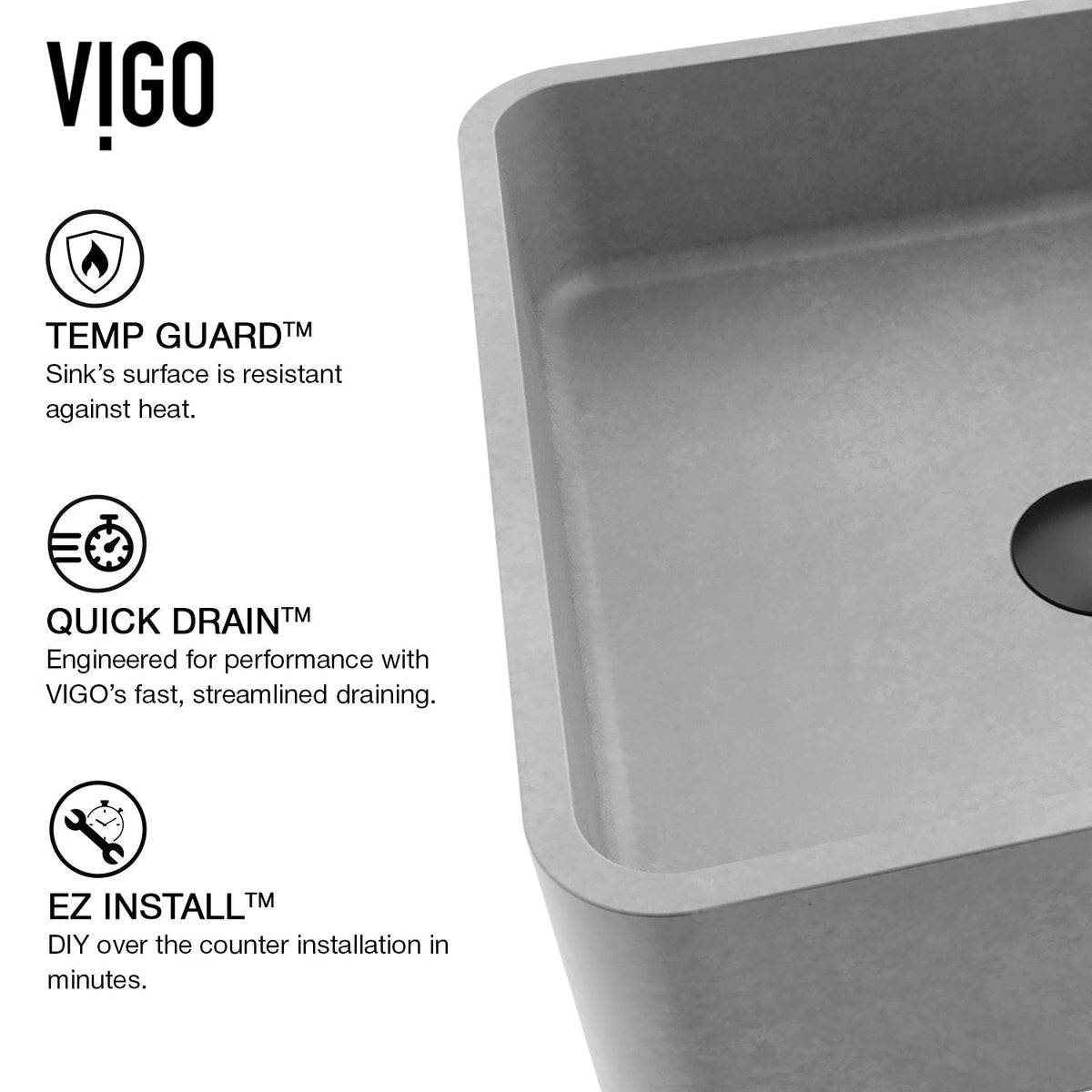 Fade-resistant gray concrete sink for vessel installation, modern style