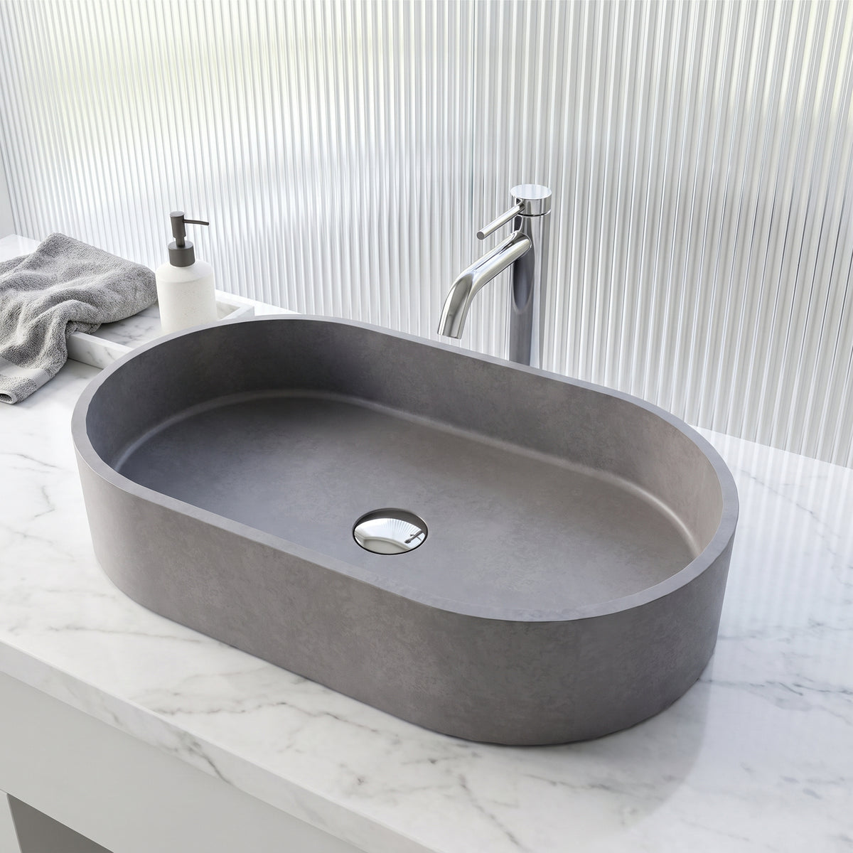 Gray oval concrete sink vessel style handmade with scratch resistant finish