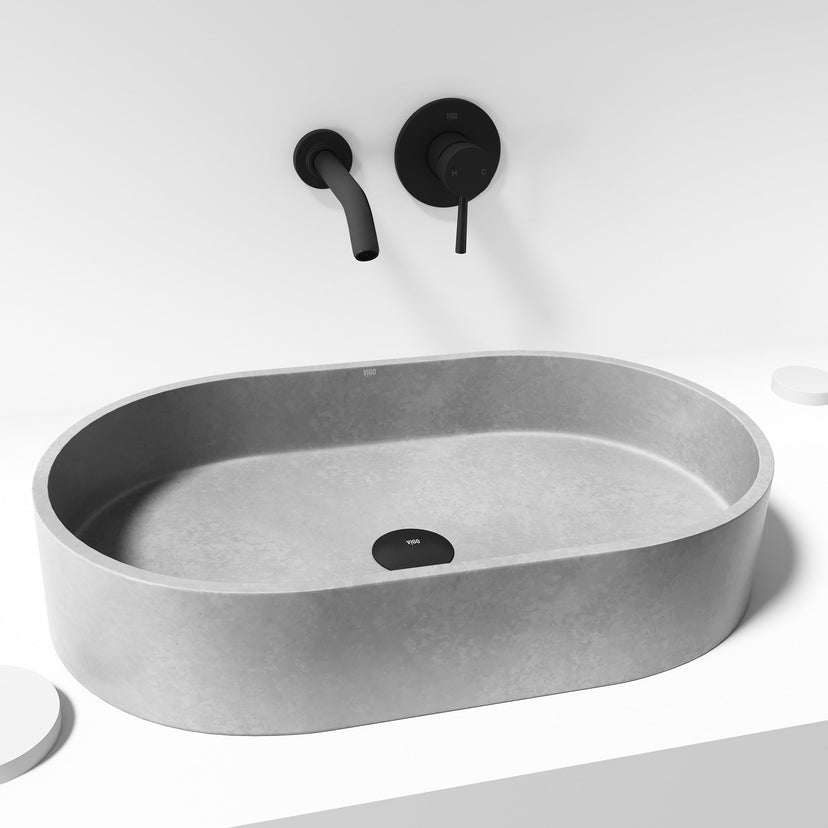 Gray oval concrete sink vessel style handmade with scratch resistant finish