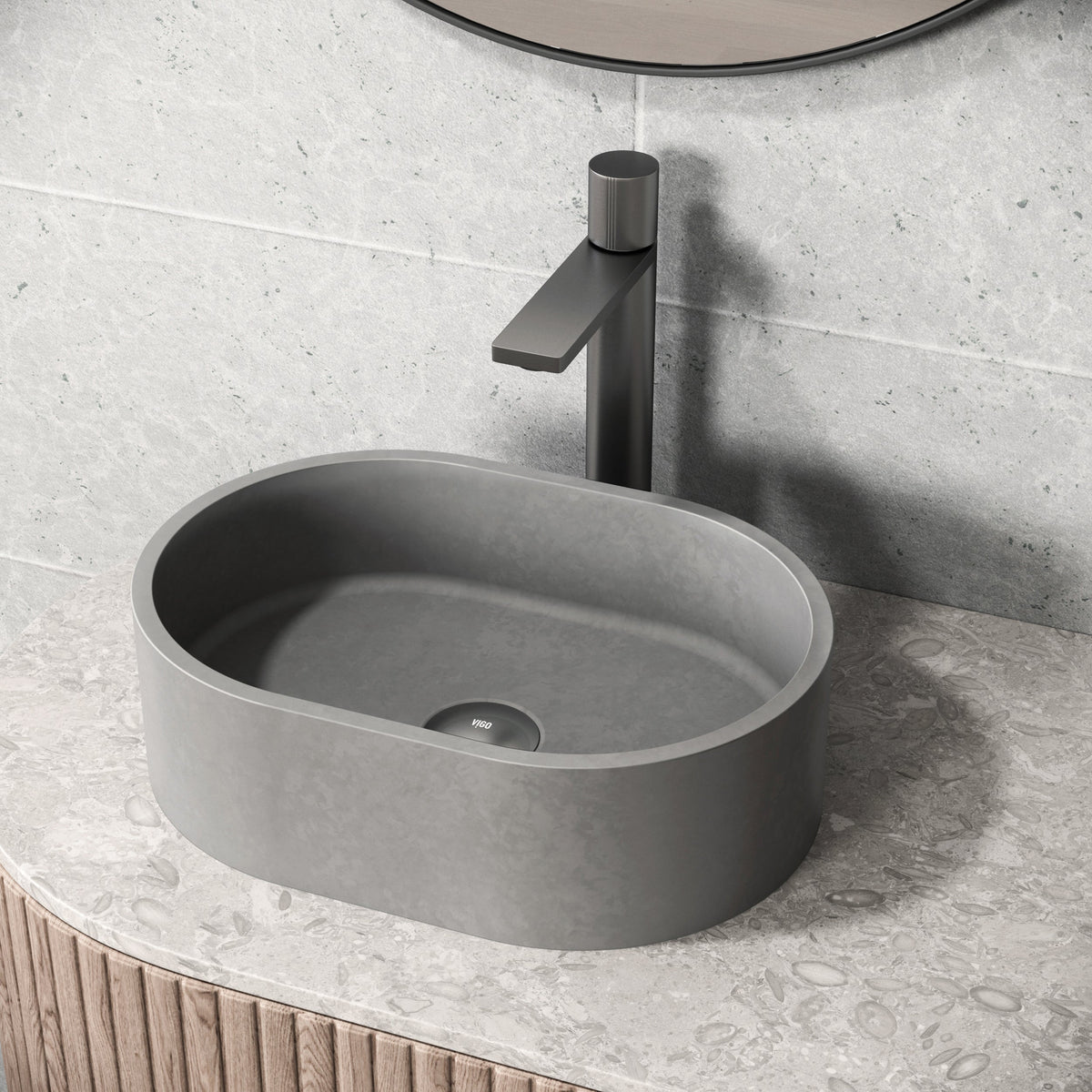 Gray oval concrete vessel sink modern design handmade for bathroom