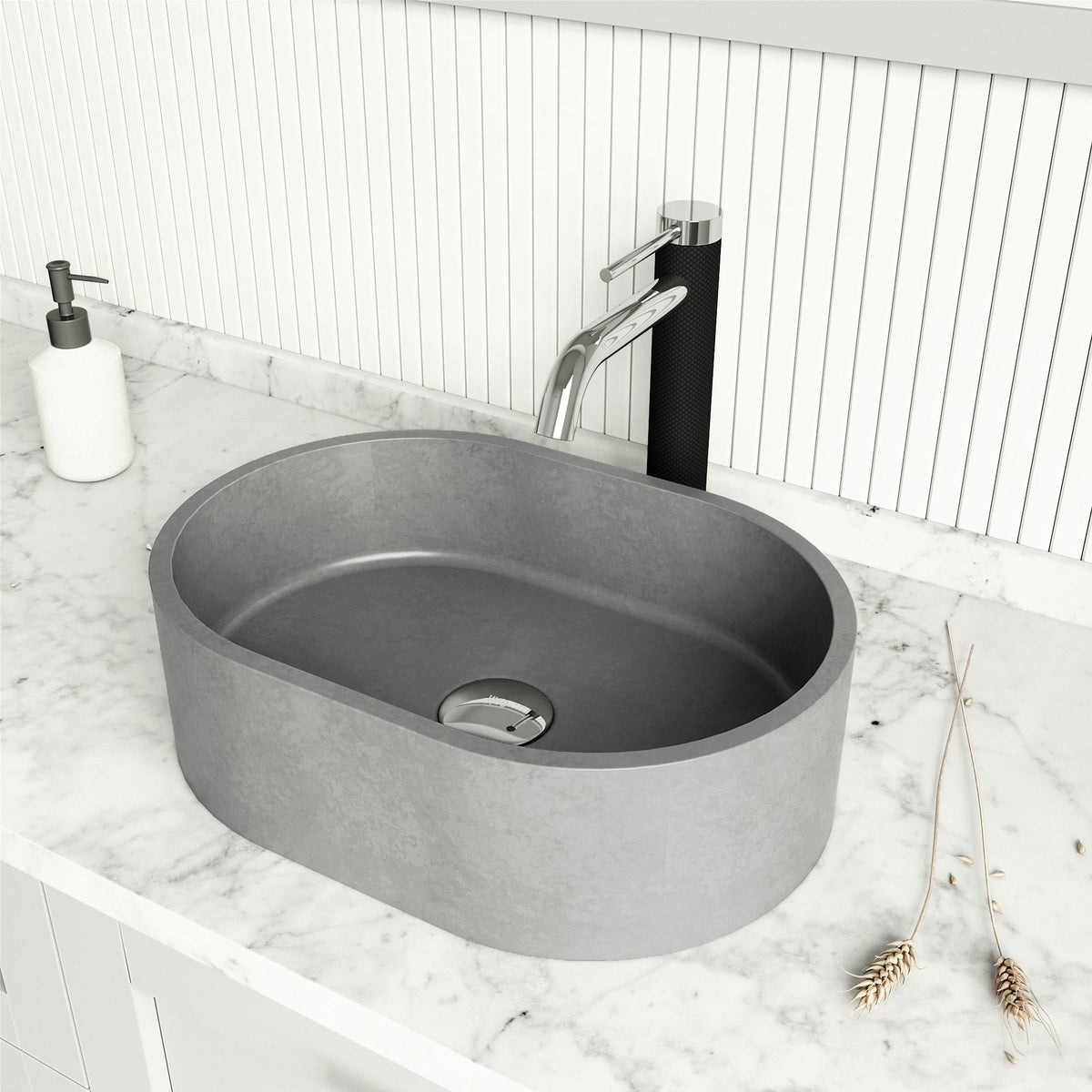 Modern oval vessel sink gray concrete finish rust resistant and scratch resistant