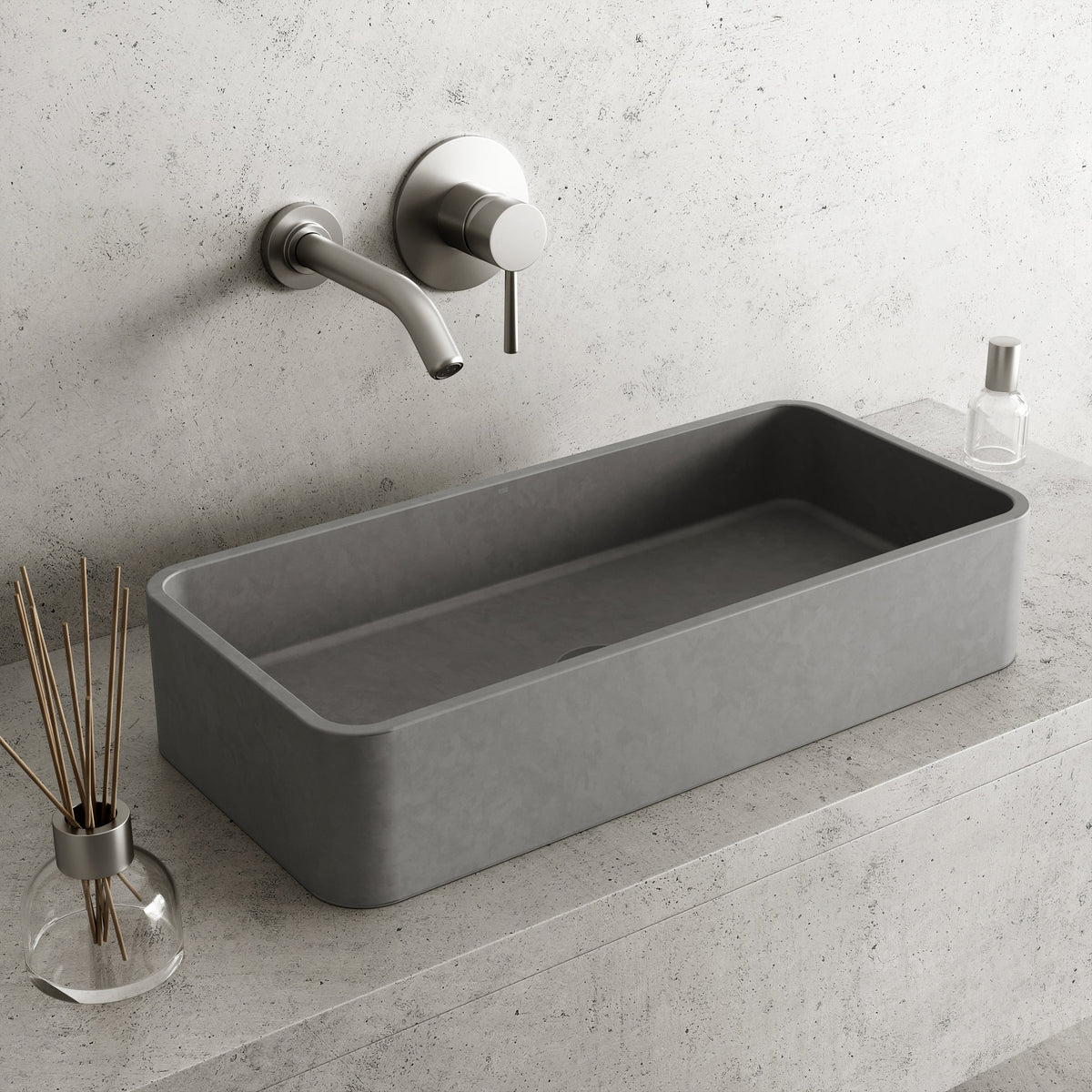 Gray concrete rectangular vessel sink with modern contemporary style