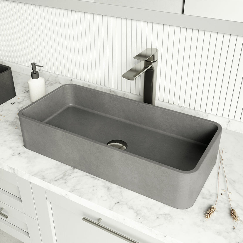 Handmade gray concreto stone sink featuring rectangular shape and rust resistance