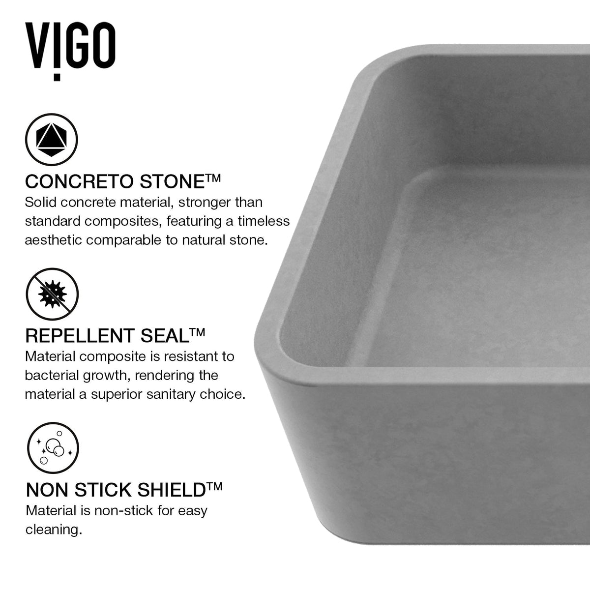 Commercial-use gray vessel sink with durable concrete material and rectangular form