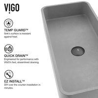 Fade-resistant gray concrete sink for vessel installation, rectangular design