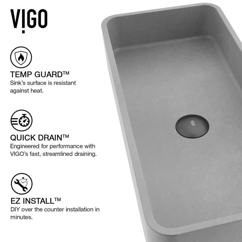 Fade-resistant gray concrete sink for vessel installation, rectangular design