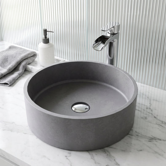 Gray round concrete sink vessel installation handmade with scratch resistant finish