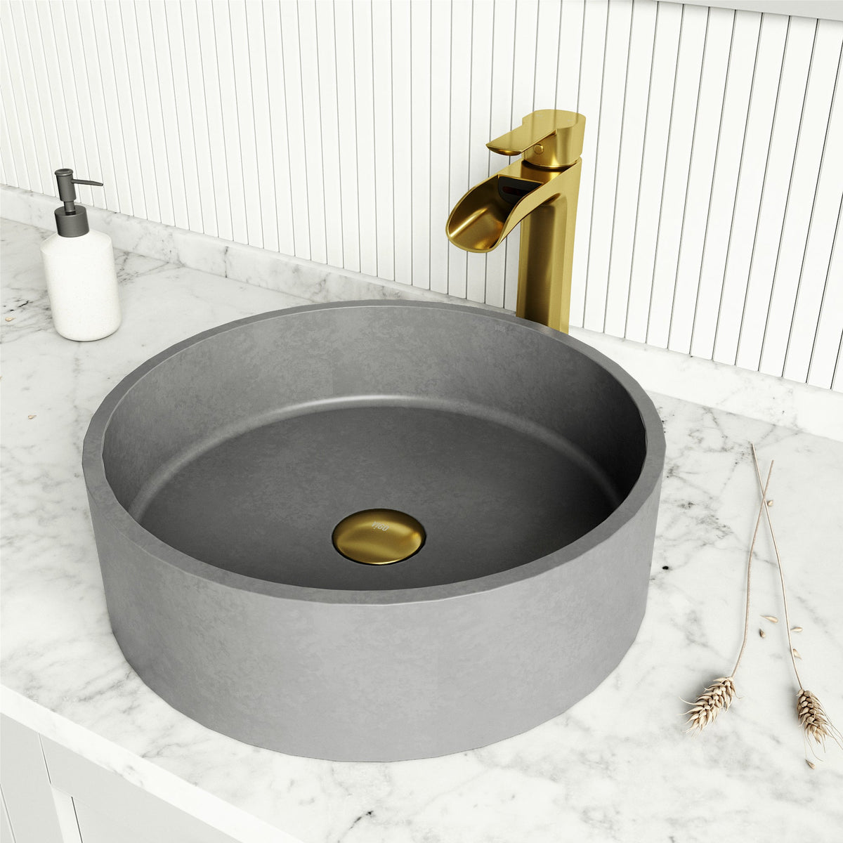 Modern round vessel sink gray concrete finish rust resistant