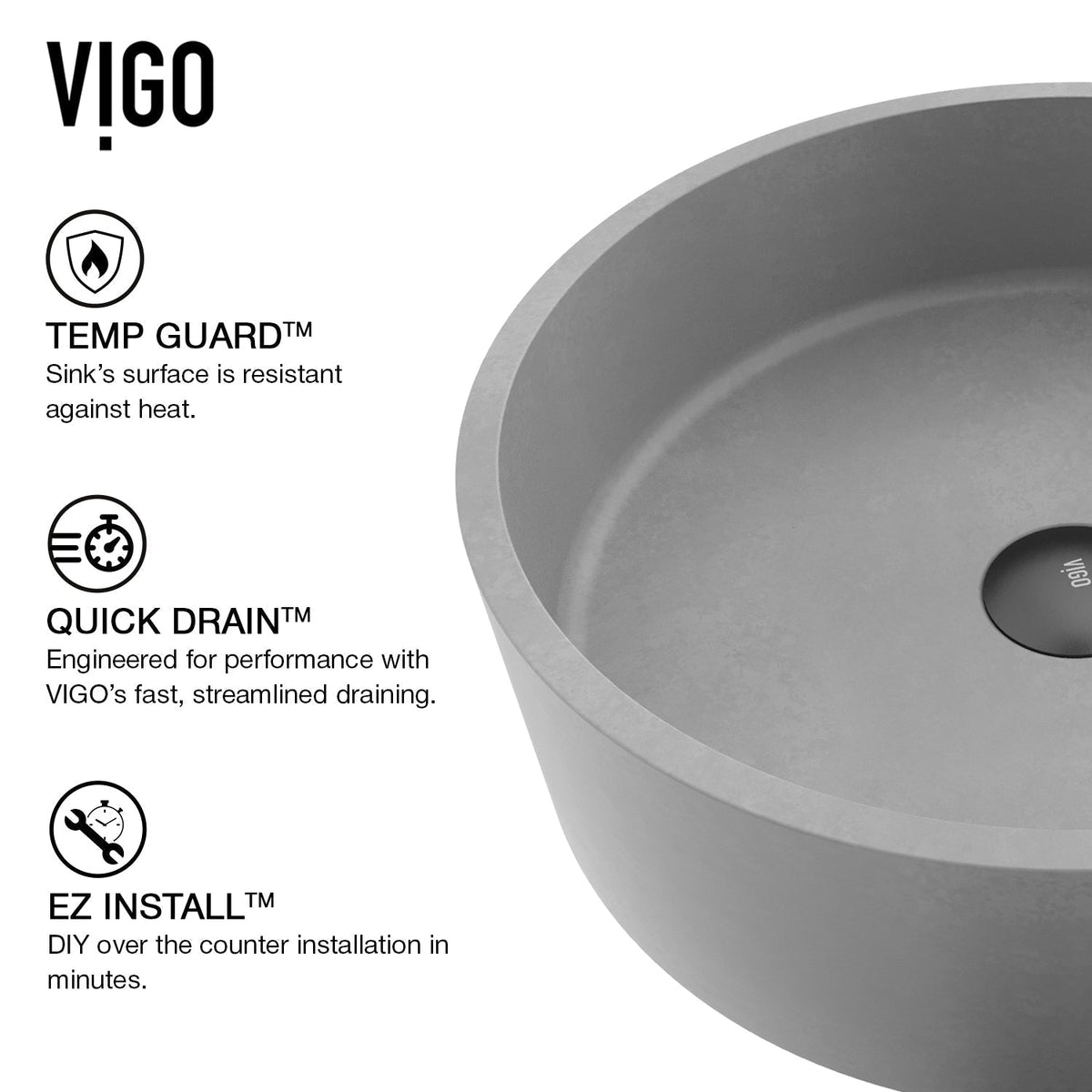 Round vessel sink gray finish concrete material fade resistant