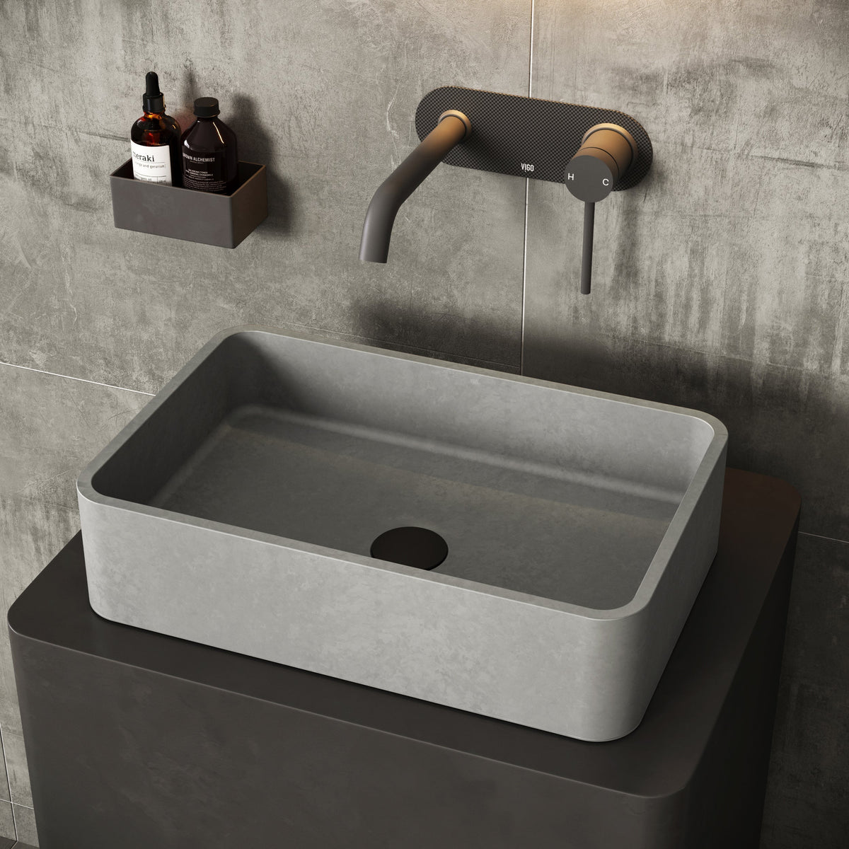Gray concrete rectangular vessel sink with modern design and fade resistance